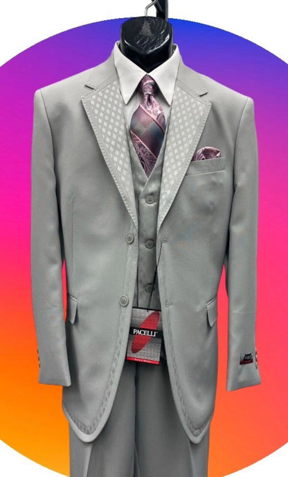 Men’s Light Gray 3 Piece Suit – Ice Silver Gray Formal Suit Set with Vest, Patterned Lapel and Tie for Wedding, Prom and Business Events  Modern Fit