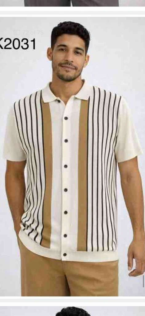 Mens Cream and Tan Striped Walking Suit plus Matching Pants  – Casual Summer Short Sleeve Shirt and Pants Outfit for Vacation, Travel and Everyday Wear