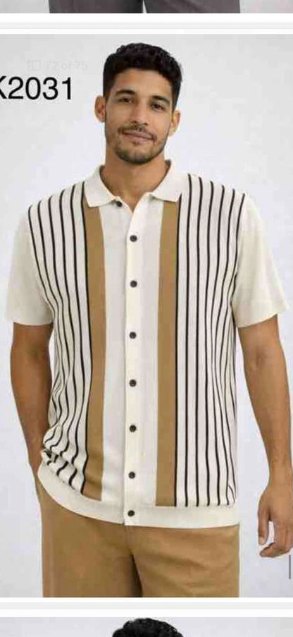 Mens Cream and Tan Striped Walking Suit plus Matching Pants  – Casual Summer Short Sleeve Shirt and Pants Outfit for Vacation, Travel and Everyday Wear