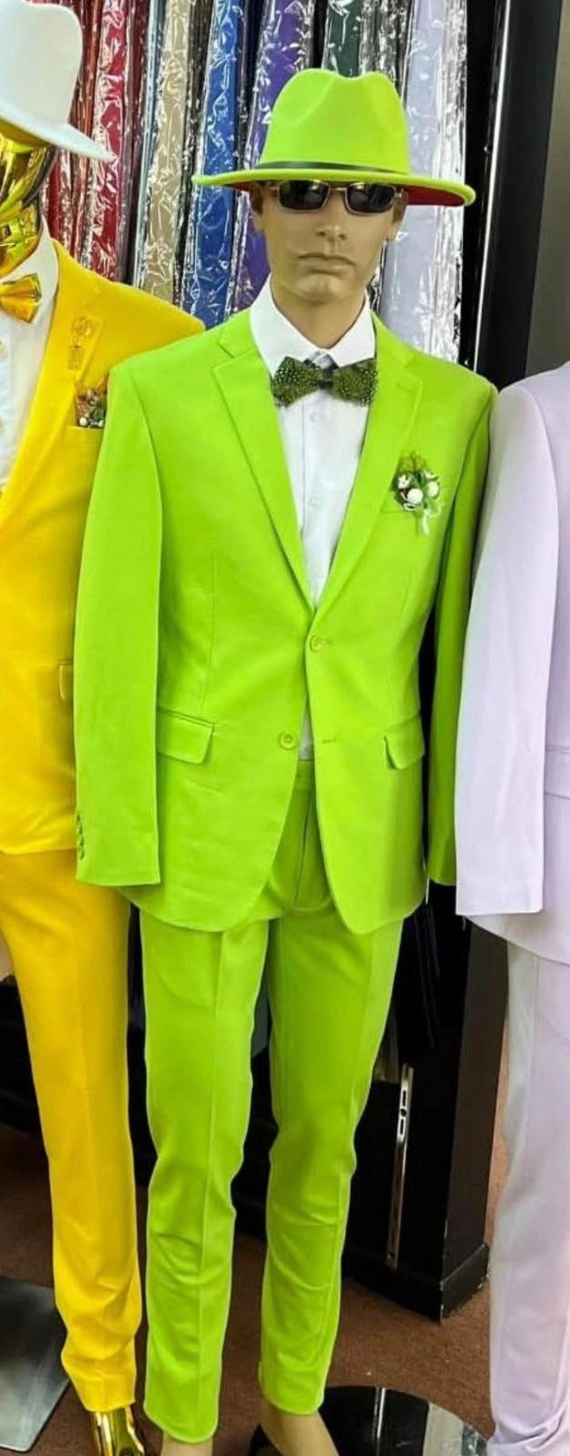 Men’s Neon Green Suit – Bright Lime Green Fashion Suit for Prom, Party, Stage Performance and Statement Formal Wear Neon Green / 52 Long Jacket+46