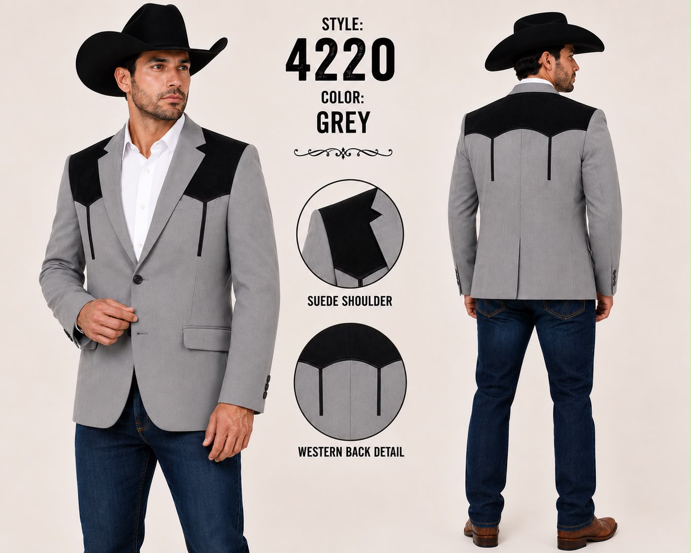 Men’s Grey Western Blazer with Black Suede Yoke – Cowboy Sport Coat for Rodeo, Country Wedding & Ranch Wear