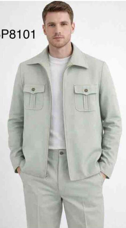 Mens Sage Green Walking Suit Set – Casual Safari Military Jacket and Pants Outfit for Travel