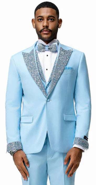 Mens Light Blue 3 Piece Prom Tuxedo – Sky Blue Formal Suit with Sequin Lapel Wedding Party Tuxedo Set in Baby Blue