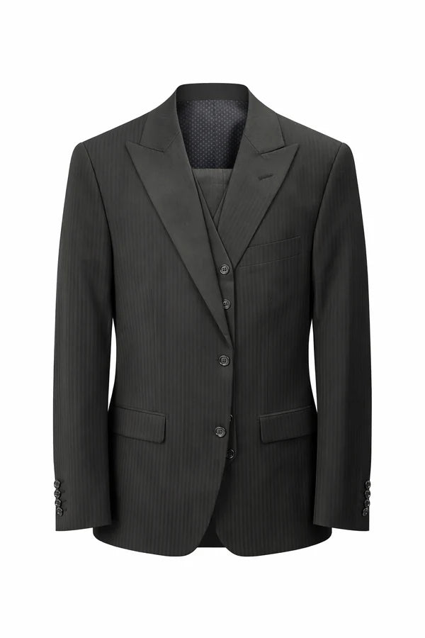 Vitali Mens Black Tone on Tone Shadow Stripe Vested Suit Set – 3 Piece Modern Fit Pinstripe Two Buttons Modern Fit