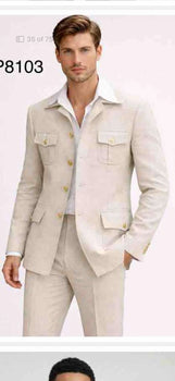 Mens Tan Beige Safari Military Walking Suit Set – Casual Two Piece Outfit Lightweight Summer Blazer and Pants Set Classic Casual Wear