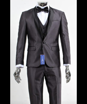 Men’s Shiny Sateen Charcoal Gray Tuxedo 3 Piece Suit with Black Shawl Lapel | Formal Wedding Prom Suit Sharkskin
