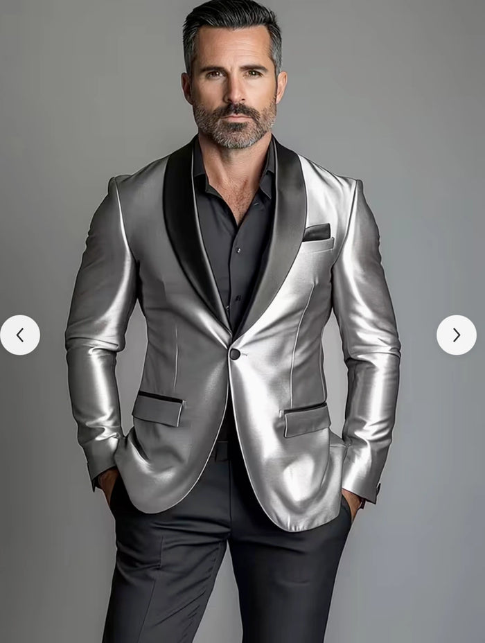 Men’s Shiny Silver Blazer with Black Lapel – Luxury Metallic Formal Jacket for Party, Evening and Special Events