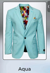 Men’s Aqua Blazer – Slim Fit One Button Suit Jacket with Stylish Floral Inner Lining - Light Turquoise