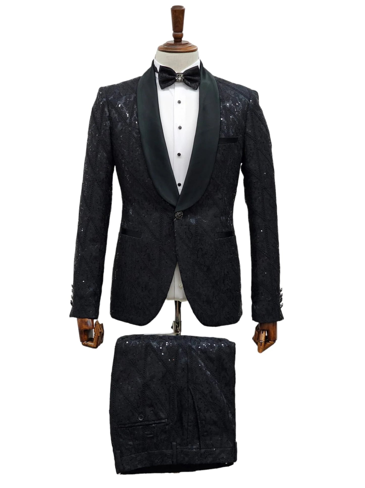 Black Sequin Tuxedo Suit with Satin Shawl Lapel – Mens Slim Fit Formal Prom and Wedding Attire - Image 6