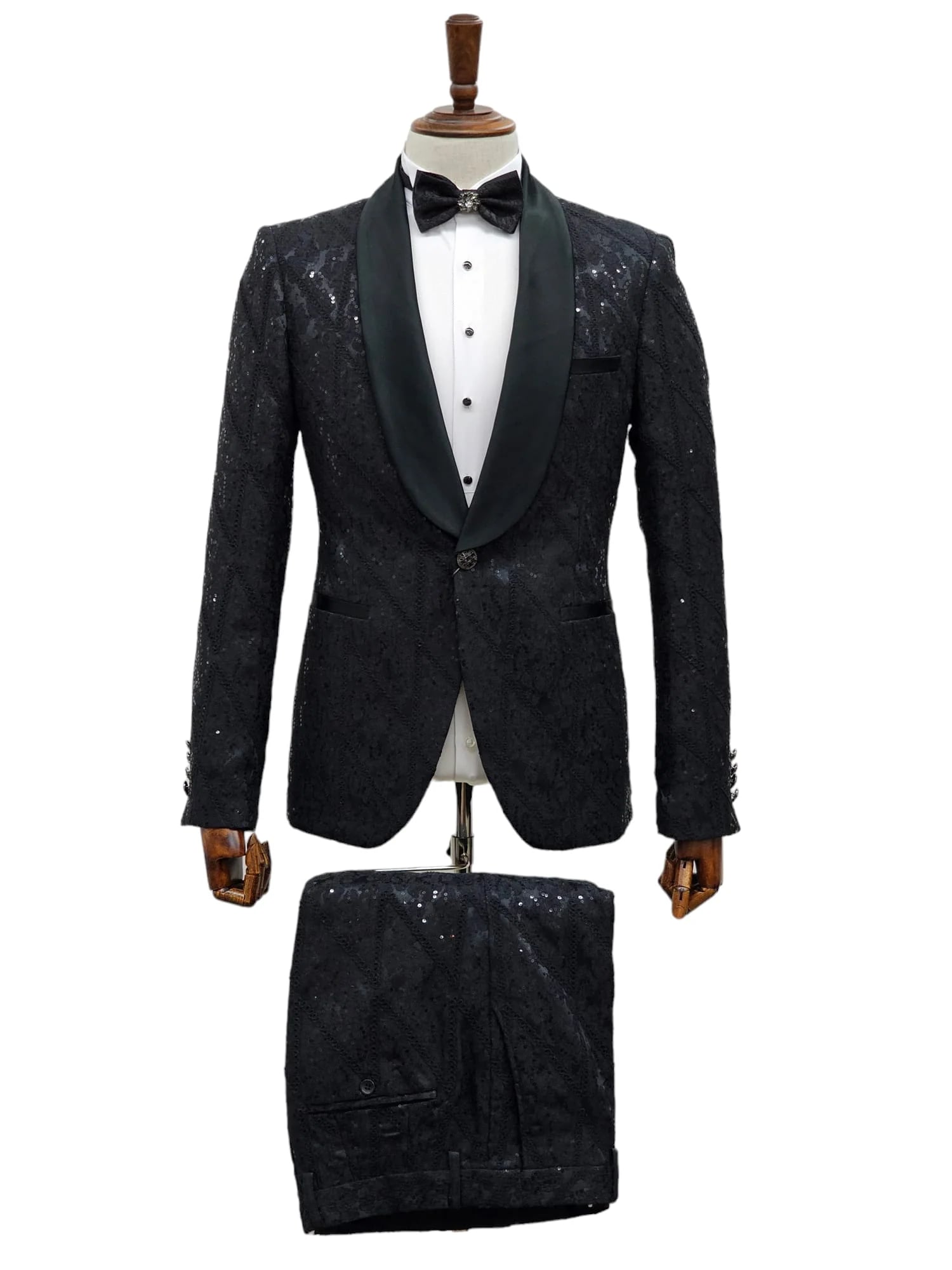 Black Sequin Tuxedo Suit with Satin Shawl Lapel – Mens Slim Fit Formal Prom and Wedding Attire - Image 6