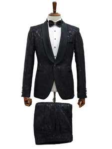 Black Sequin Tuxedo Suit with Satin Shawl Lapel – Mens Slim Fit Formal Prom and Wedding Attire