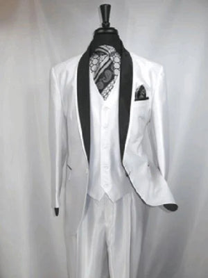 Men’s White Shiny Flashy Fabric Tuxedo Suit with Black Shawl Lapel | Luxury Formal Wedding and Evening Suits Sharkskin Metallic Fabric