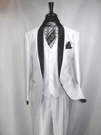 Men’s White Shiny Flashy Fabric Tuxedo Suit with Black Shawl Lapel | Luxury Formal Wedding and Evening Suits Sharkskin Metallic Fabric