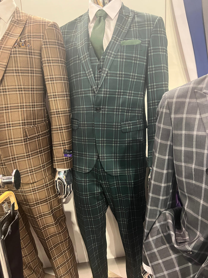 Men's Dark Green Plaid 3 Piece Suit – Checkered Suit Set for Wedding, Windowpane Tartan Fabric - Ultra Slim Fit - Image 10