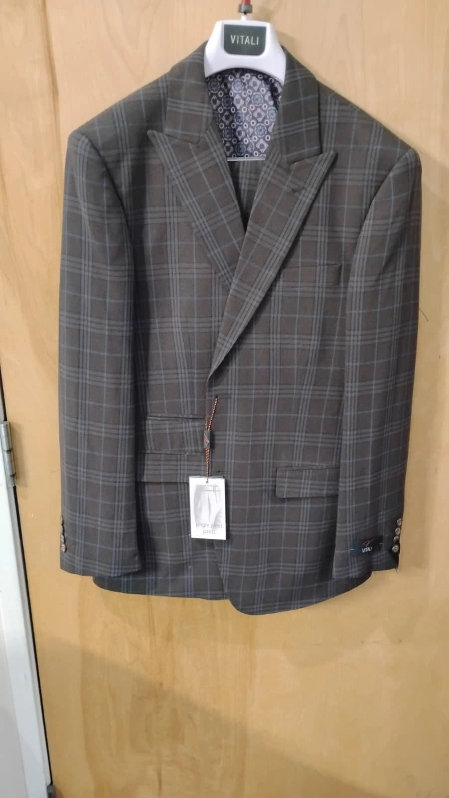 Vitali Men’s Brown Grey with blue Check 3 Piece Suit – Classic Plaid Formal Suit Set with Blazer, Vest & Trousers, Business Wedding Party Wear for Men Modern Fit