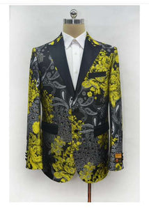 Men’s Yellow Tuxedo Black and Gold Floral Pattern Blazer | Formal Jacket - Prom Dinner Jacket + Black Pants + Bowtie