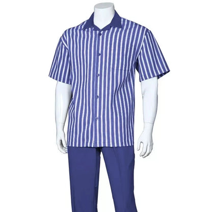 Men’s Blue and White Vertical Stripe Short Sleeve Shirt Set – Casual Summer Two-Piece Outfit  With Walking Suit Plus Matching Pants