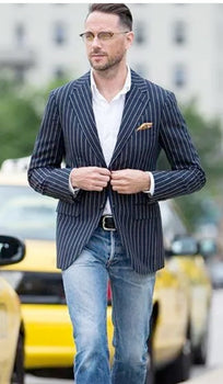 Mens Navy Blue Pinstripe Blazer – Classic Tailored Formal Jacket for Business, Office and Smart Casual Wear