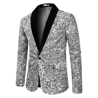 Men’s Silver Sequin Blazer Disco Style Jacket – Black Lapel Party Blazer, Shiny Evening Wear, 70s Dance Outfit, Formal Event Jacket