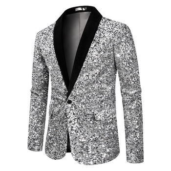 Men’s Silver Sequin Blazer Disco Style Jacket – Black Lapel Party Blazer, Shiny Evening Wear, 70s Dance Outfit, Formal Event Jacket