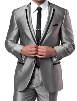 Men’s Silver Sharkskin Tuxedo Suit with Black Piping – Shiny Two Button Formal Suit for Wedding, Prom and Party Wear