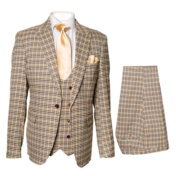 Men’s Beige and Navy Check 3-Piece Suit Set – Premium Tailored Fit Formal Wedding and Business Suit By Rossiman Modern Fit