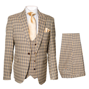 Men’s Beige and Navy Check 3-Piece Suit Set – Premium Tailored Fit Formal Wedding and Business Suit By Rossiman
