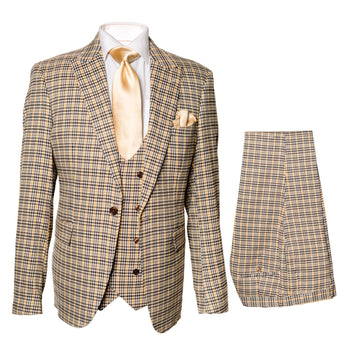 Men’s Beige and Navy Check 3-Piece Suit Set – Premium Tailored Fit Formal Wedding and Business Suit By Rossiman