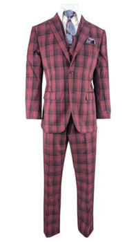 Mens Red Burgundy Plaid 3-Piece Suit – Classic Checkered Modern Fit Suit for Weddings, Church and Formal Events