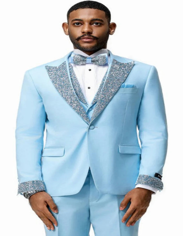 Sky Blue Prom Tuxedo - Perfect Wedding Suit Vested Rhinestone sequin Lapelled