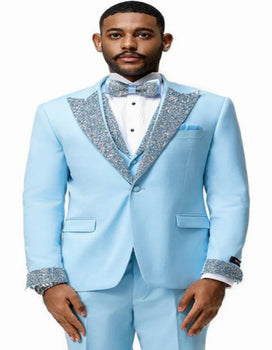 Sky Blue Prom Tuxedo - Perfect Wedding Suit Vested Rhinestone sequin Lapelled