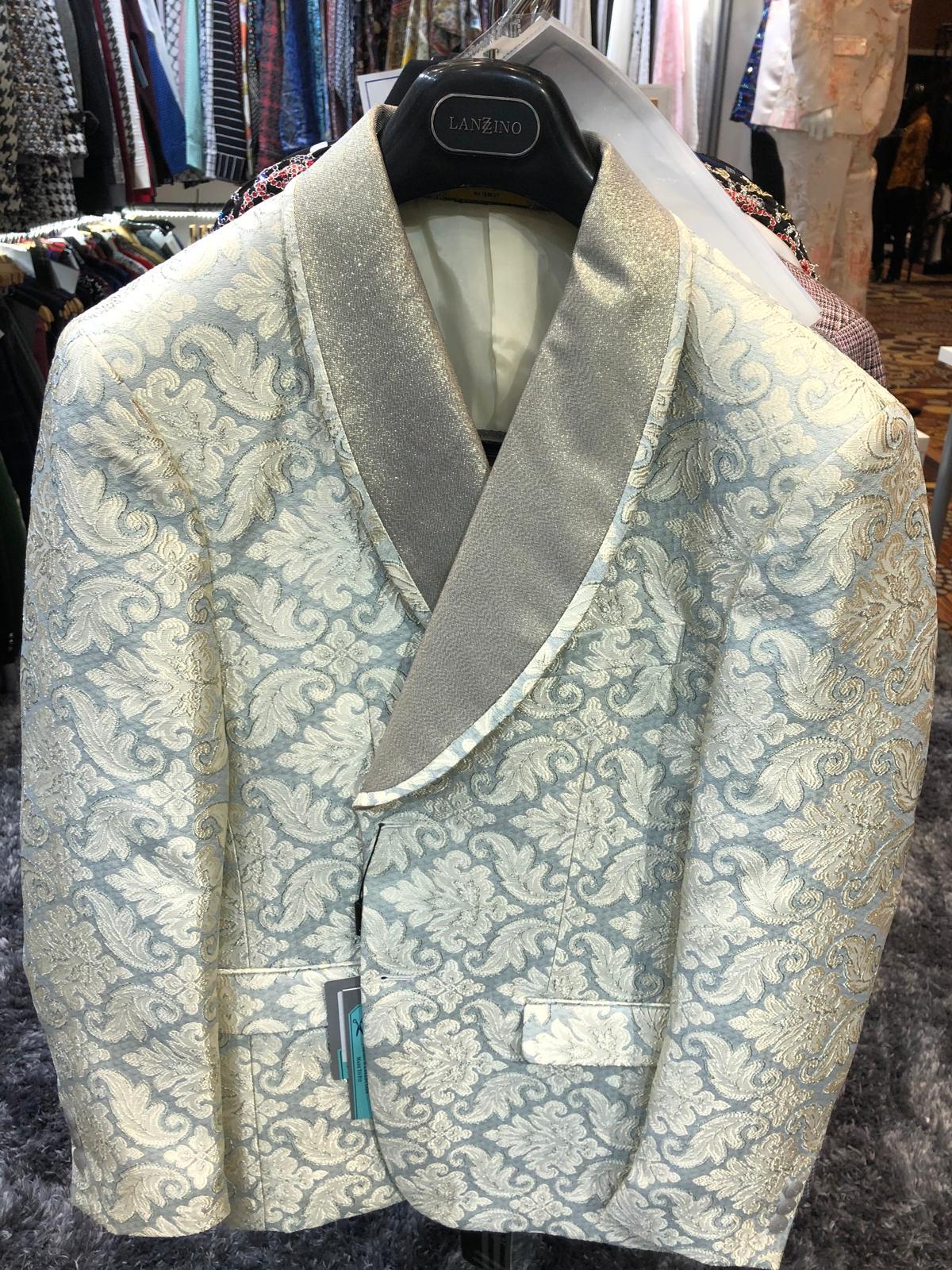 Men’s Champaign Silver and Cream Embroidered Luxury Blazer – Floral Pattern Wedding & Party Dinner Jacket in Light Tan Color