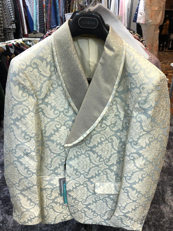 Men’s Champaign Silver and Cream Embroidered Luxury Blazer – Floral Pattern Wedding & Party Dinner Jacket in Light Tan Color