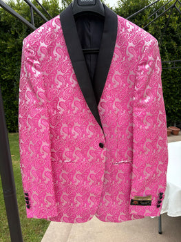 Men’s Hot Pink Paisley Tuxedo Blazer with Black Shawl Lapel Fuchsia Color Dinner Jacket Perfect for Prom