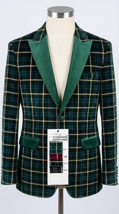 Mens Tartan Green and Gold Check Blazer – Windowpane Plaid Sport Coat Velvet Lapel Plaid Christmas Holiday New Year Jacket