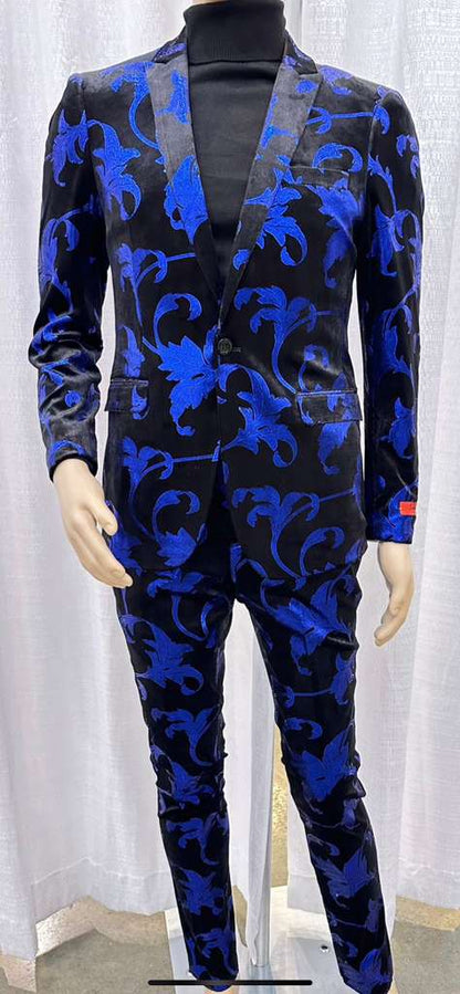 Men’s Black and Royal Blue Patterned Blazer – Paisley Floral Sport Coat Prom Jacket