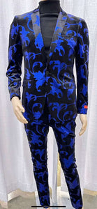 Men’s Black and Royal Blue Patterned Blazer – Paisley Floral Sport Coat Prom Jacket