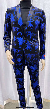 Men’s Black and Royal Blue Patterned Blazer – Paisley Floral Sport Coat Prom Jacket