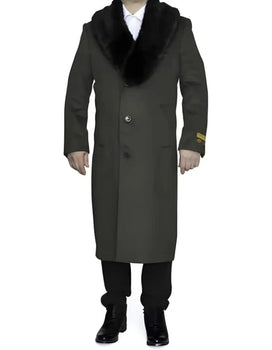 Mens Full Length Olive Overcoat with Black Fur Collar – Luxury Wool Fabric Winter Long Coat in Hunter Green - Image 7
