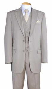 Men’s Light Tan Pinstripe 3 Piece Suit with Jacket, Vest, and Pants | Shadow Stripe Tone Tone Pleated Pants Classic