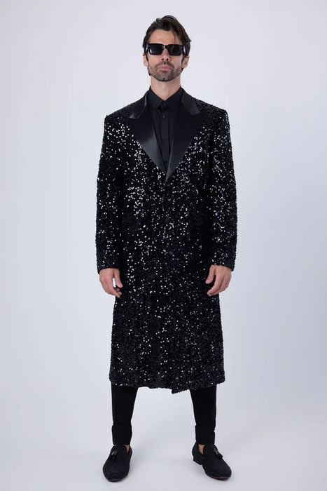 Men’s Black Sequin Long Coat with Satin Shawl Lapel – Luxury Statement Evening Overcoat