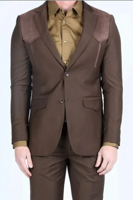 Men’s Dark Brown Western Blazer with Suede Yoke – Cowboy Sport Coat with Western Shoulder Details
