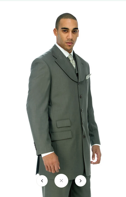 Men’s 1920s Olive Zoot Suit  – 4 Buttons  Gangster Wide Lapel Long Jacket 3-Piece Suit in Olive Color Classic Fit Pleated Pants