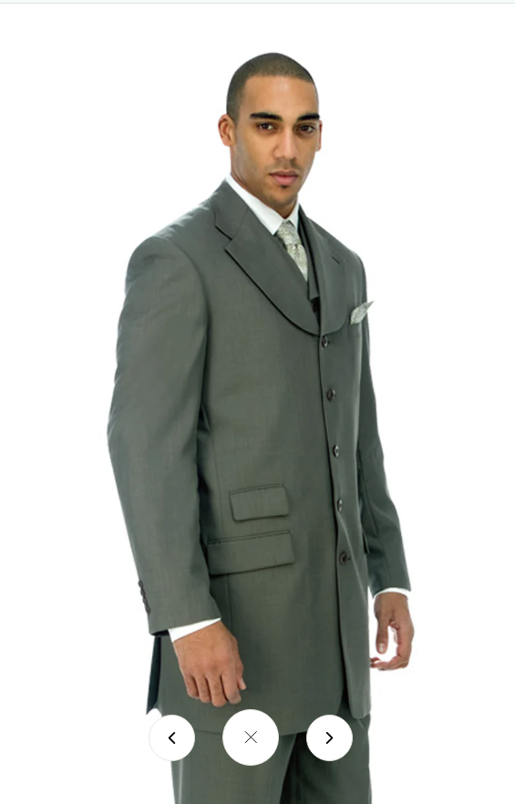 Men’s 1920s Olive Zoot Suit  – 4 Buttons  Gangster Wide Lapel Long Jacket 3-Piece Suit in Olive Color Classic Fit Pleated Pants