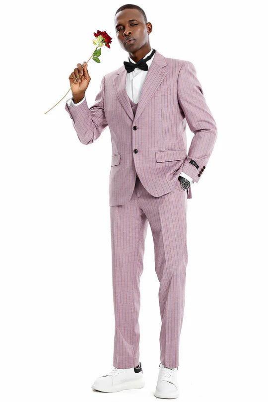 Men’s Dusty Rose Pink Pinstripe Three Piece Suit with Vest | Wedding and Party Formal Wear Prom or Church Suit Modern Fit