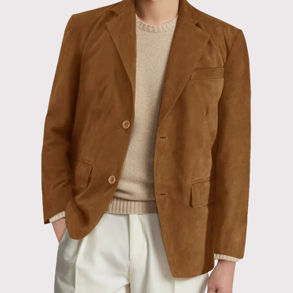 Men’s Camel Brown Suede Leather Blazer – Classic Two Button Suede Sport Coat