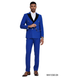 Mens Royal Blue Double-Breasted Tuxedo Suit – Modern Slim Fit Formal Wedding and Prom Outfit with Black Satin Lapel