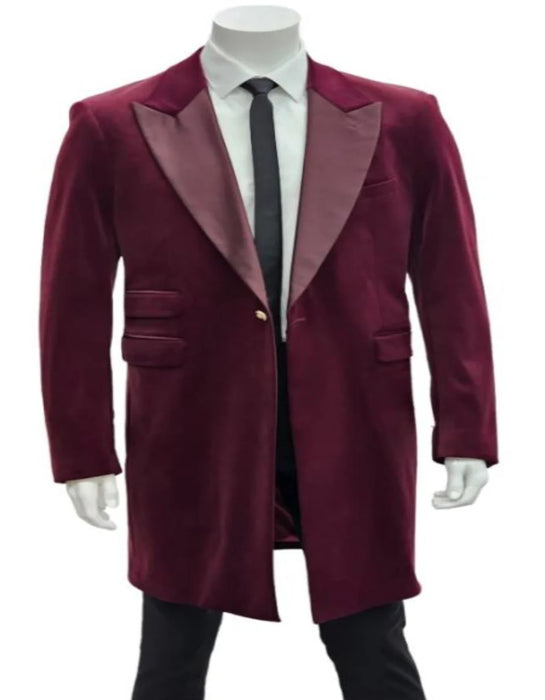 Men’s Burgundy Tuxedo in  Velvet  Long Blazer – Victorian Cutaway Tuxed  Suit 1920s Gangster Style Long Jacket with Black Pants