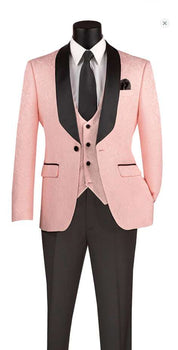 Men’s Blush Pink Tuxedo Suit Set with Black Shawl Lapel – 3 Piece Formal Wedding and Party Prom Vest + Black Pants