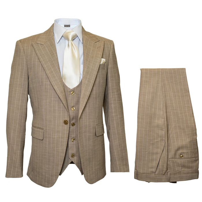 Men’s Beige Pinstripe Three-Piece Suit – Classic Fit Formal Suit with Vest and Flat-Front Pants in Tan Stripe By Rossiman
